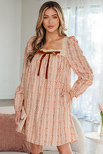 Load image into Gallery viewer, Khaki Floral Print Contrast Velvet Bow Lace Patchwork Long Sleeve Loose Mini Dress