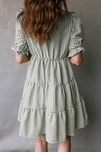 Load image into Gallery viewer, Green Stripe Tasseled Tie Neck Ruffled Short Sleeve Tiered Flattering Dress