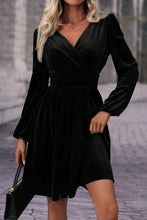 Load image into Gallery viewer, Black Velvet Long Sleeve Surplice High Waist Mini Dress