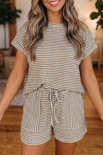 Load image into Gallery viewer, Brown Stripe Breathable Textured Knit Short 2pcs Set
