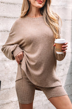 Load image into Gallery viewer, Dark Khaki Ribbed Balloon Sleeve Pullover Top and Biker Knitted Short Set