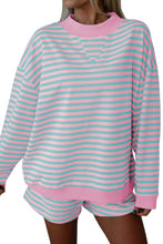 Load image into Gallery viewer, Pink Stripe Color Block Detail Long Sleeve Pullover Elastic Waist Pull On Shorts 2pcs Set