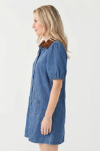 Load image into Gallery viewer, Blue Denim Short Puff Sleeve Color Block Shirt Collar Patchwork Mini Dress