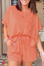 Load image into Gallery viewer, Jet Stream Textured Patched Pocket Short Sleeve Top Drawstring Shorts Set