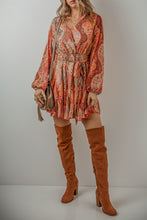 Load image into Gallery viewer, Orange Boho Paisley Print Long Sleeve Pleated Belted Mini Dress