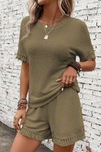 Load image into Gallery viewer, Laurel Green Fringe Trim Textured Short Two Piece Set