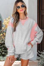 Load image into Gallery viewer, Light Grey Color Block Raw Hem Pullover and Casual Shorts Set