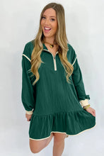Load image into Gallery viewer, Evergreen Contrast Trim Zip Collar Long Sleeve Ruffle Hem Mini Dress