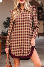 Load image into Gallery viewer, Red Plaid Print Ruffled Long Sleeve Patchwork Hem Mini Shirt Dress