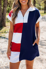 Load image into Gallery viewer, Navy Blue Americana Colorblock Stripes Zip up Collared T Shirt Mini Dress