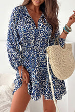 Load image into Gallery viewer, Blue Vintage Print Lace up V Neck Long Sleeve Mini Dress