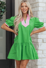 Load image into Gallery viewer, Bright Green Color Block Detail Split Neck Short Puff Sleeve Ruffle Hem Mini Dress