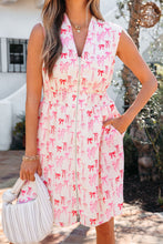 Load image into Gallery viewer, Pink Full Zip Cinched Waist Sleeveless Bow Mini Dress