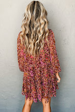 Load image into Gallery viewer, Red Floral Print Long Sleeve Shirred High Neck Loose Mini Dress