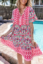 Load image into Gallery viewer, Pink Bohemian Print Tie Neck Ruffle Hem Short Dress
