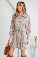 Load image into Gallery viewer, Brown Stripe Knot Waist Puff Sleeve Button Down Mini Shirt Dress