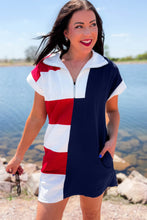 Load image into Gallery viewer, Navy Blue Americana Colorblock Stripes Zip up Collared T Shirt Mini Dress
