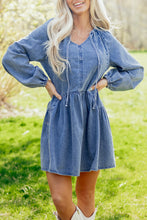 Load image into Gallery viewer, Myosotis Puff Sleeve V Neck Ruffled Loose Denim Mini Dress