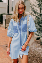 Load image into Gallery viewer, Sky Blue Stripe Color Block Patchwork Shirt Collar Button Down Puff Sleeve Mini Dress