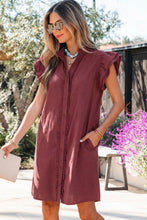 Load image into Gallery viewer, Red Sandalwood Frilled Detail Button Down Ruffle Short Sleeve Denim Mini Dress