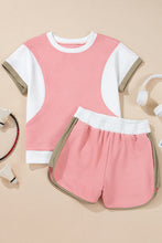Load image into Gallery viewer, Pink Textured Colorblock Patchwork Tee Two Piece Shorts Set