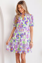 Load image into Gallery viewer, Purple Floral V Collar Short Sleeve Tiered Ruffle Mini Dress