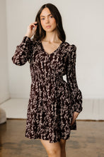 Load image into Gallery viewer, Brown Ditsy Floral Print Split Neck Long Sleeve Shirred Waist Flared Mini Dress