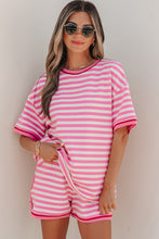 Load image into Gallery viewer, Pink Stripe Contrast Trim Short Sleeve Top Loose Shorts 2pcs Casual Outfit