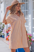 Load image into Gallery viewer, Brown Stripe Pinched V Neck Turn-up Cuffs Shift Mini Dress