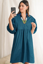 Load image into Gallery viewer, Blue Sapphire Colorblock Split V Neck Puff Sleeve Mini Dress
