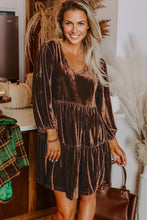 Load image into Gallery viewer, Chicory Coffee Solid Color Velvet V Neck Long Sleeve Tiered Mini Dress