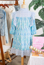 Load image into Gallery viewer, Sky Blue Boho Floral Geometric Patchwork Ruffle Detail Puff Sleeve Mini Dress