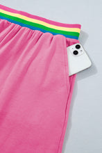 Load image into Gallery viewer, Bright Pink Seam Detail Raw Edge Tee Rainbow Waistband Casual Short Set
