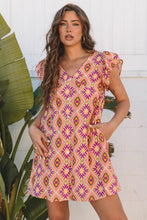 Load image into Gallery viewer, Orange Geometric Floral V Neck Buttoned Ruffled Sleeve Mini Dress