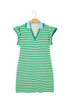 Load image into Gallery viewer, Green Stripe Print Contrast Collar Split Neck Flutter Sleeve Short Dress