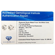 Load image into Gallery viewer, 1.50 CTW Lab-Grown Diamond Stud Earrings in 14K White or Yellow Gold – F Color, VS Clarity | AGI Certified