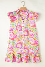 Load image into Gallery viewer, Pink Abstract Floral Ruffle Trim Flutter Sleeve Buttoned Dress