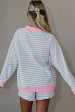 Load image into Gallery viewer, Pink Stripe Color Block Detail Long Sleeve Pullover Elastic Waist Pull On Shorts 2pcs Set