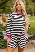Load image into Gallery viewer, Black Stripe Contrast Ribbed Banding Long Sleeve Blouse Loose Shorts Set