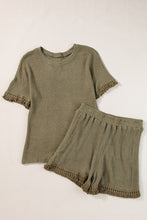 Load image into Gallery viewer, Laurel Green Fringe Trim Textured Short Two Piece Set