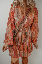Load image into Gallery viewer, Orange Boho Paisley Print Long Sleeve Pleated Belted Mini Dress