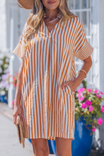 Load image into Gallery viewer, Brown Stripe Pinched V Neck Turn-up Cuffs Shift Mini Dress