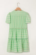 Load image into Gallery viewer, Green Stripe V Neck Short Sleeve Frilled Detail A-line Dress