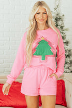 Load image into Gallery viewer, Sachet Pink Plaid Contrasted Double Christmas Tree Patched Raglan Sleeve Pullover 2pcs Short Set