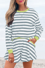 Load image into Gallery viewer, Black Stripe Contrast Ribbed Banding Long Sleeve Blouse Loose Shorts Set