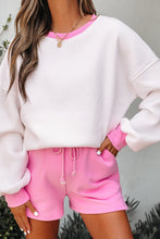 Load image into Gallery viewer, Strawberry Pink Color Block Pullover and Lace-up Elastic Waist Shorts Set