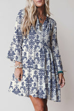 Load image into Gallery viewer, Blue Boho Floral Print Lettuce Trim 3/4 Sleeve Mini Dress