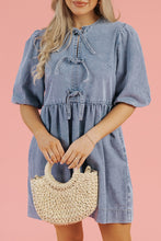 Load image into Gallery viewer, Dusk Blue Bowknot Bubble Sleeve Short Denim Dress