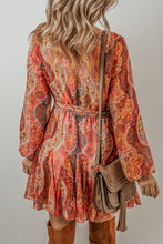 Load image into Gallery viewer, Orange Boho Paisley Print Long Sleeve Pleated Belted Mini Dress