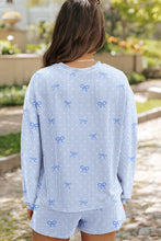 Load image into Gallery viewer, Sky Blue Valentines Bow Print Twisted Rib Loose Long Sleeve Top 2pcs Short Set
